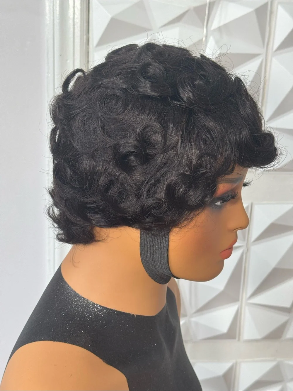 100% Human Hair Pixie Wave Wig Glueless Short Finger Wave Pin Curl Natural Black